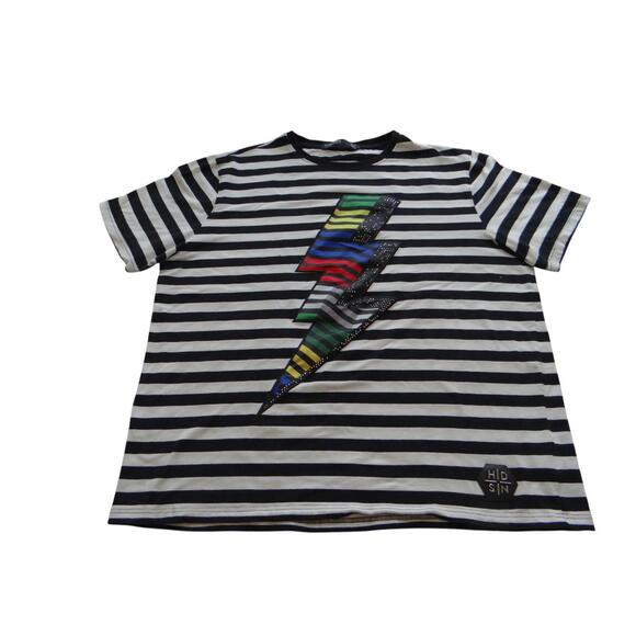 Hudson Outerwear Men's Black and White Striped T-Shirt with Lightning Bolt - Picture 1 of 7